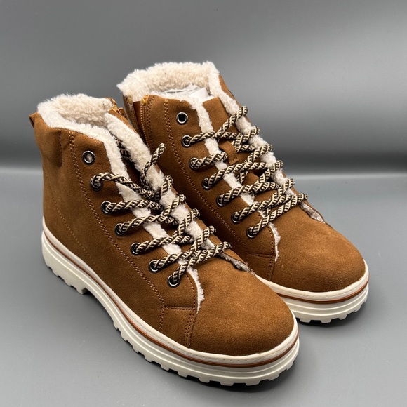 GC Shoes Womens Combat Boots, Shearling Cuff Faux Suede Lace Up Ankle Booties - Picture 1 of 4